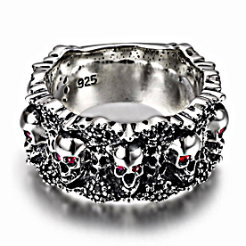 Eyes of Five Elements - Sterling Silver Carved Skulls Ring with Ruby Eyes