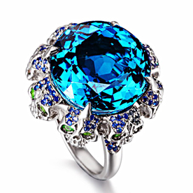 London Blue Topaz with Sapphire and Tsavorite in Sterling Silver Skulls Ring - Skullis Exclusive