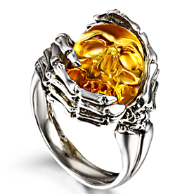 Remember Forever - Ring of Citrine Carved Gemstone Crystal Skull in Sterling Silver Skeletal Hands