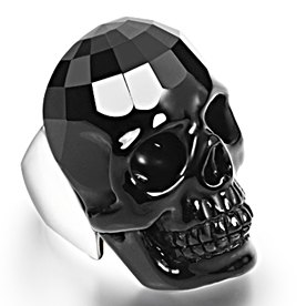 Visage - Skullis Signature Faceted Black Obsidian Carved Gemstone Crystal Skull with Sterling Silver Ring