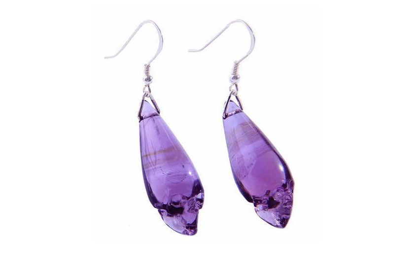 Amethyst & 925 Sterling Silver Carved Crystal Skull Earring, Silver Ear Wire Hooks, Quartz