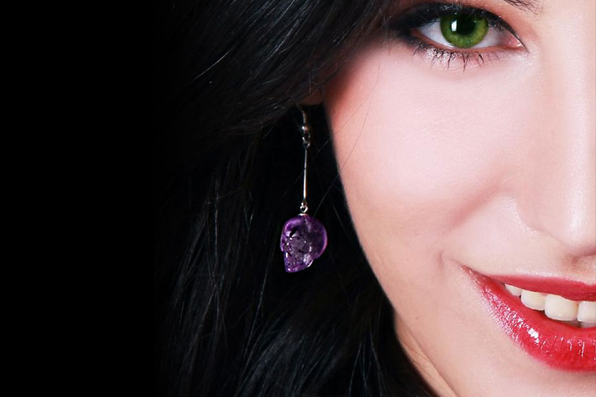 Amethyst Carved Crystal Skull Earring