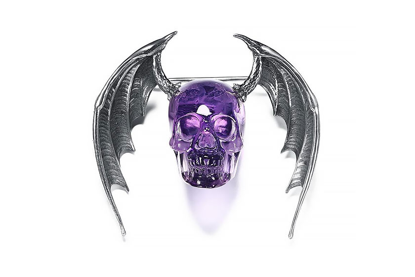 Amethyst & 925 Sterling Silver Carved Crystal Skull Brooch, Skull Jewelry