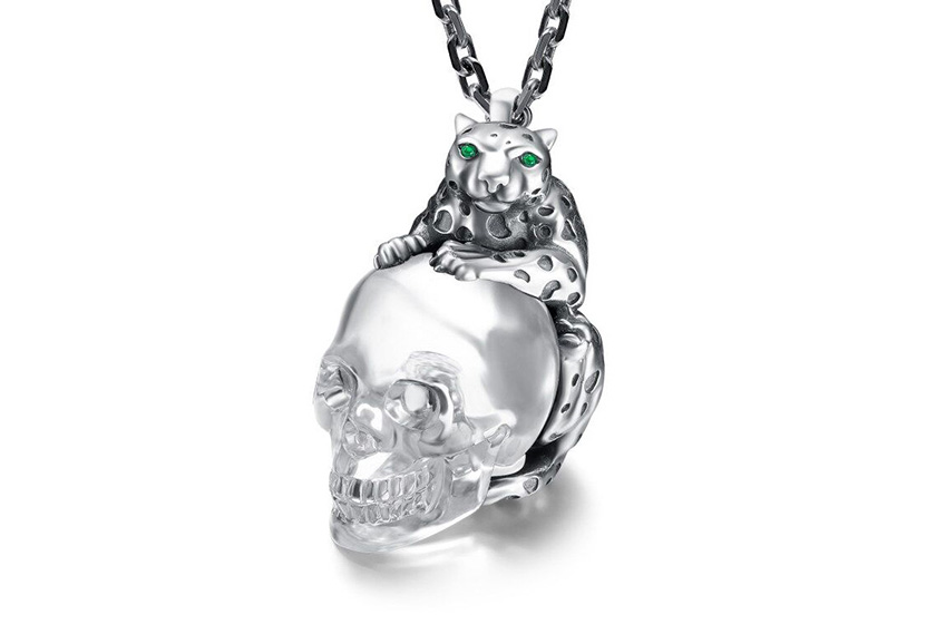Necklace of Quartz & 925 Sterling Silver leopard Carved Crystal Skull Pendant, 925 Chain