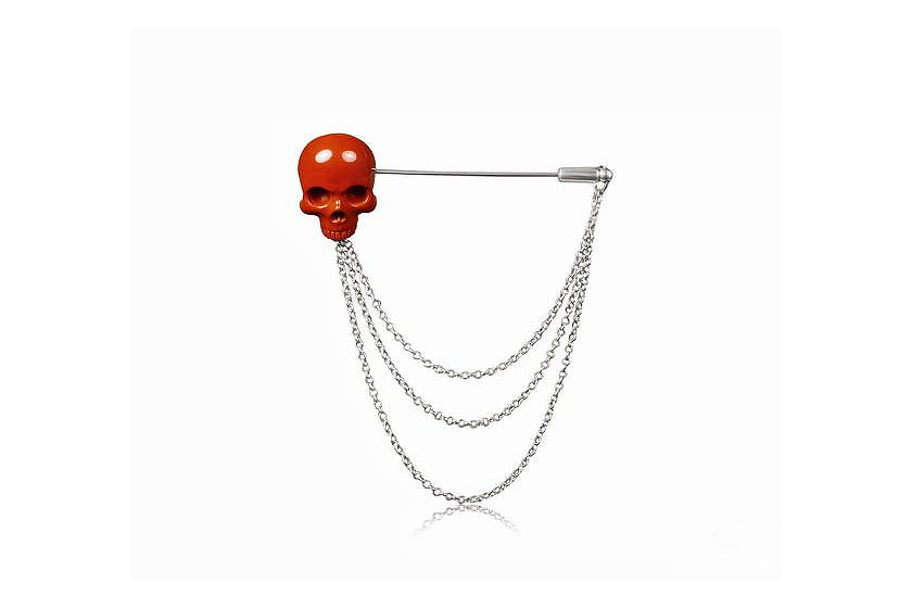 Red Jasper & 925 Sterling Silver Carved Crystal Skull Brooch and 925 Sterling Silver Chain