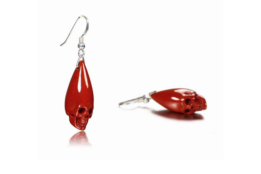 Red Jasper & 925 Sterling Silver Carved Elongated Skull Earrings with 925 Sterling Silver Hooks