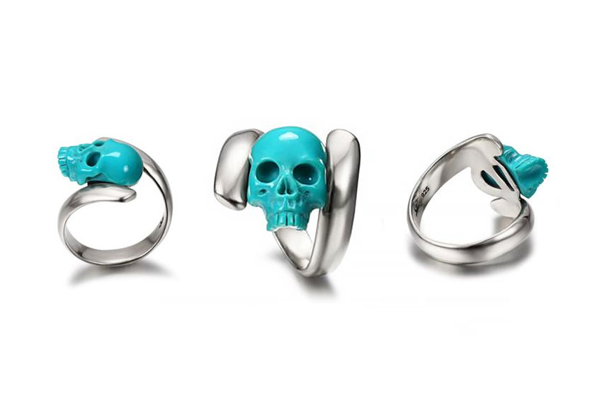 Spiral - Turquoise & 925 Sterling Silver Carved Gemstone Crystal Skull with 925 Sterling Silver Twist Ring