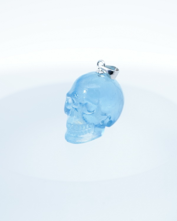 Necklace of 0.7" Sky Blue Topaz Hand Carved Crystal Skull Pendant, Skull Jewelry