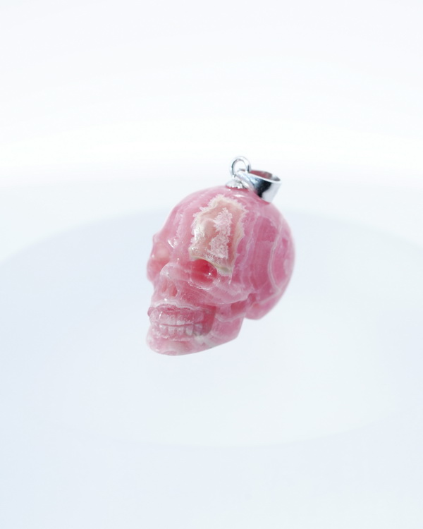 Necklace of 0.7" Rhodochrosite Hand Carved Crystal Skull Pendant, Skull Jewelry