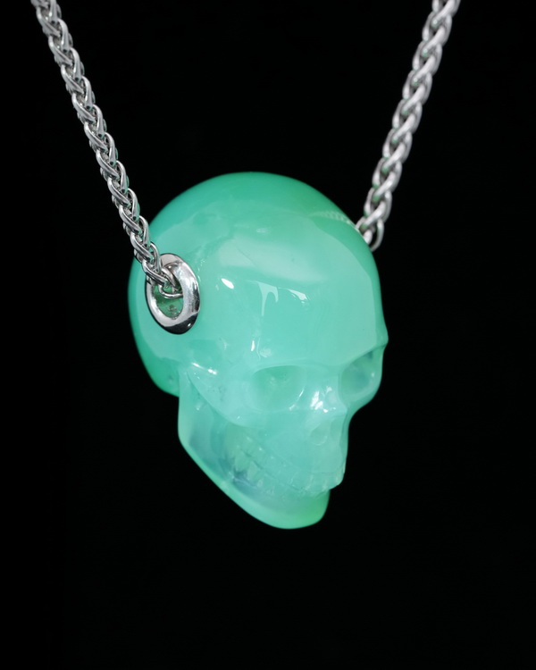 Necklace of 1.1" Chrysoprase Hand Carved Crystal Skull Pendant, Skull Jewelry