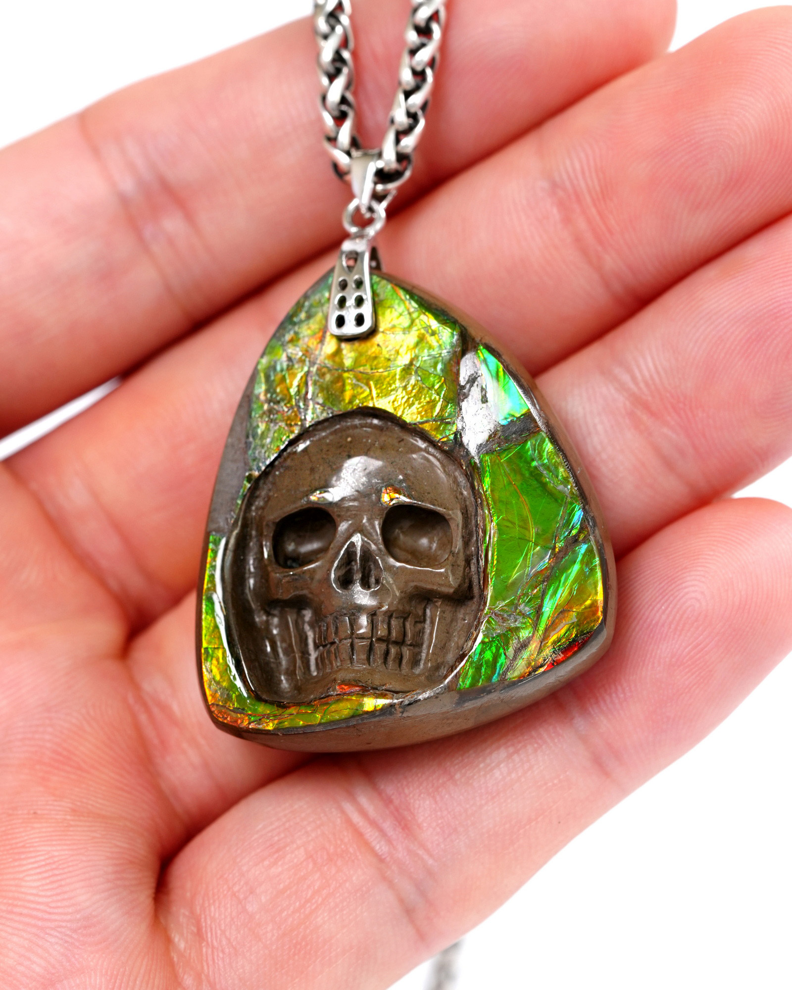 Necklace of 1.7" Ammolite Hand Carved Crystal Skull Pendant, Skull Jewelry