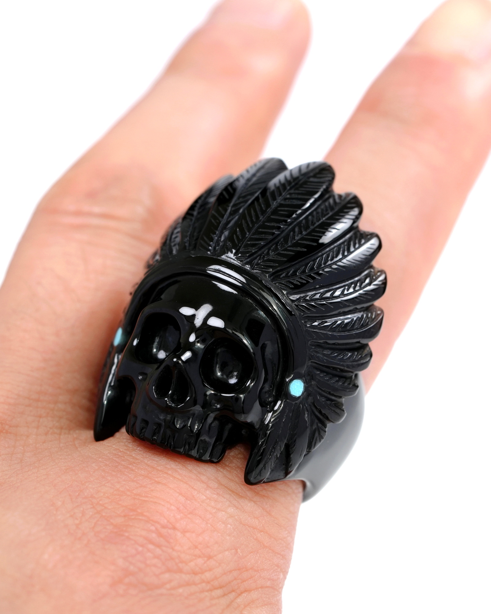 Black Obsidian Gem Skull Ring, Hand-Carved Indian Skull with Turquoise Inlay – US Size 10.5 - 0500054