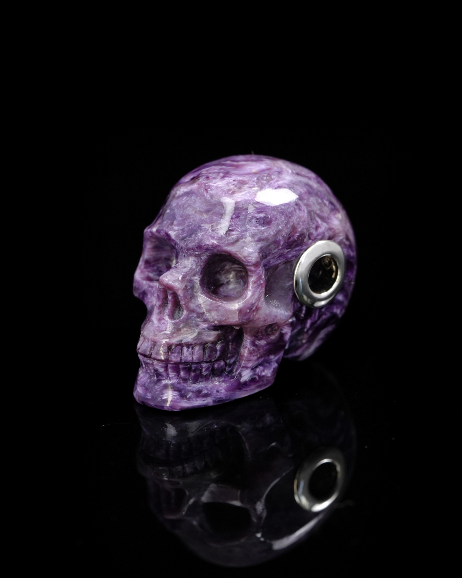 Gemstone Necklace of 1.1" Russian Charoite Hand Carved Crystal Skull Pendant, Skull Jewelry