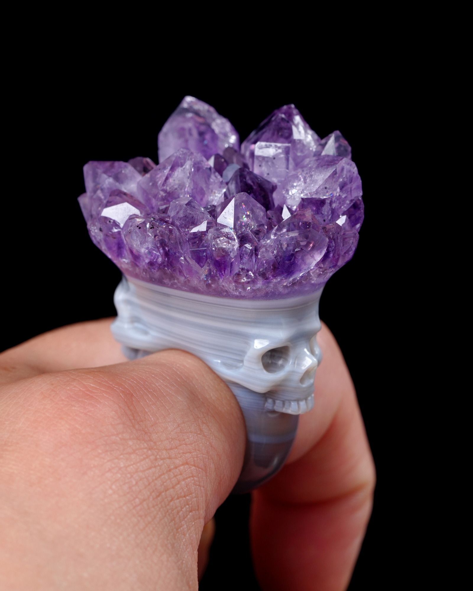 Amethyst & Agate Hand Carved Crystal Skull Ring, US Size 10.5, Skull Jewelry