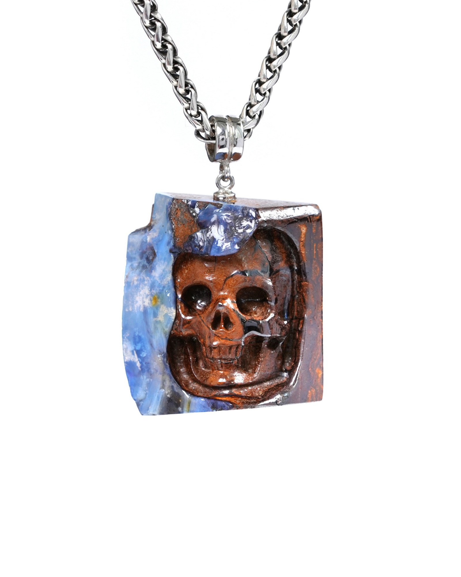 Necklace of 1.2" Matrix Opal Hand Carved Crystal Skull Pendant, Skull Jewelry