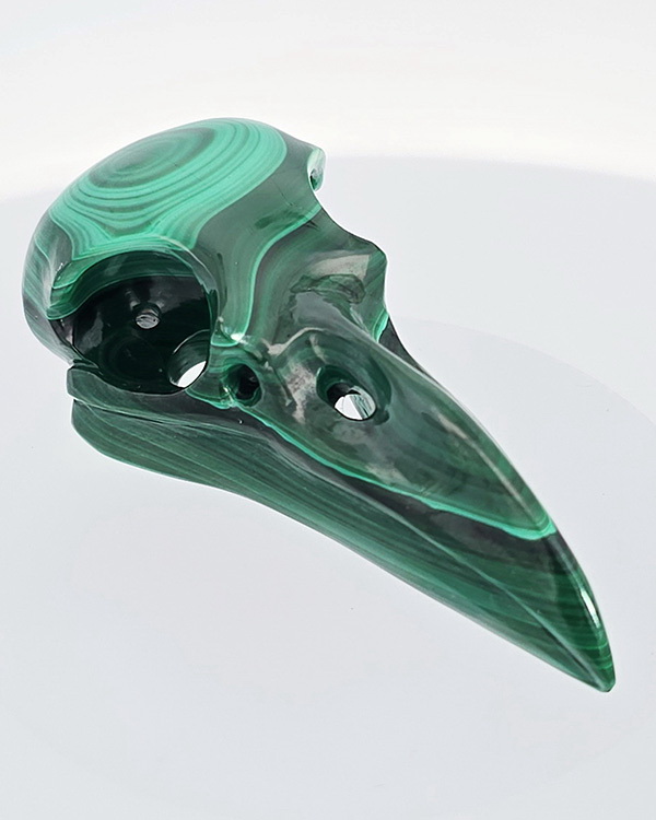 Gemstone Necklace of 2.4" Malachite Hand Carved Raven Crystal Skull Pendant, Skull Jewelry