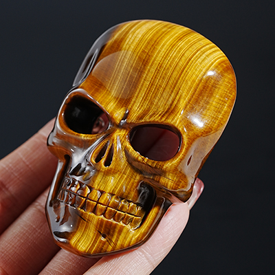 Gold Tiger's Eye Hand Carved Crystal Skull Buckle with Stainless Steel, Skull Jewelry