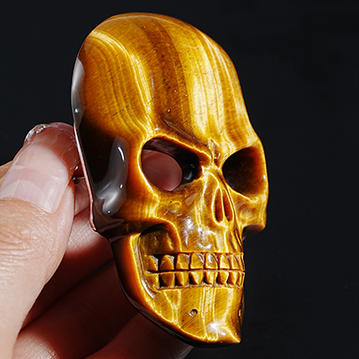 Gold Tiger's Eye Hand Carved Crystal Skull Buckle with Stainless Steel, Skull Jewelry