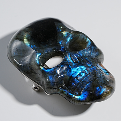 Labradorite Hand Carved Crystal Skull Buckle Stainless Steel, Skull Jewelry