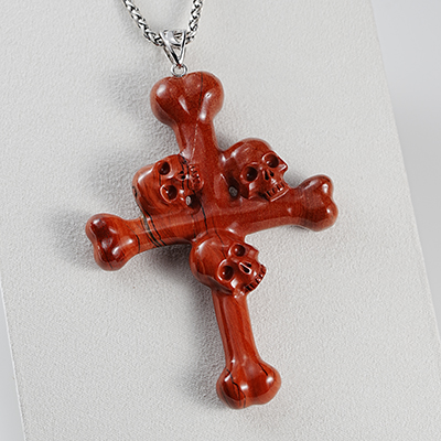 Necklace of 3.5" Red Jasper Hand Carved Crystal Skull Pendant, Skull Jewelry