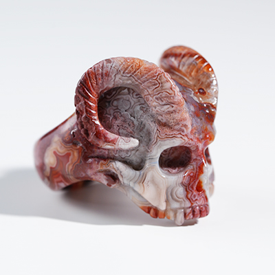 US Size 9# Gemstone Red Crazy Lace Agate Hand Carved Crystal Skull Ring, Skull Jewelry