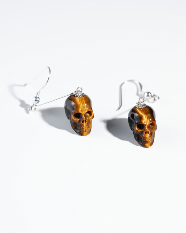  Gold Tiger's Eye Hand Carved Crystal Skull Earrings, Skull Jewelry