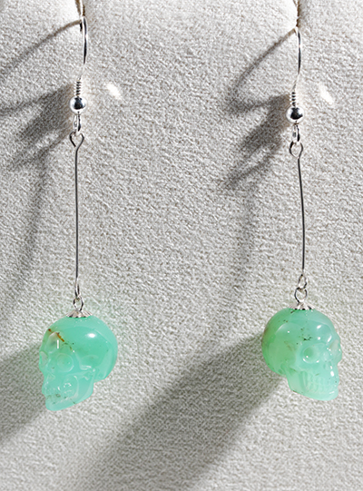  Chrysoprase Hand Carved Crystal Skull Earrings, Skull Jewelry