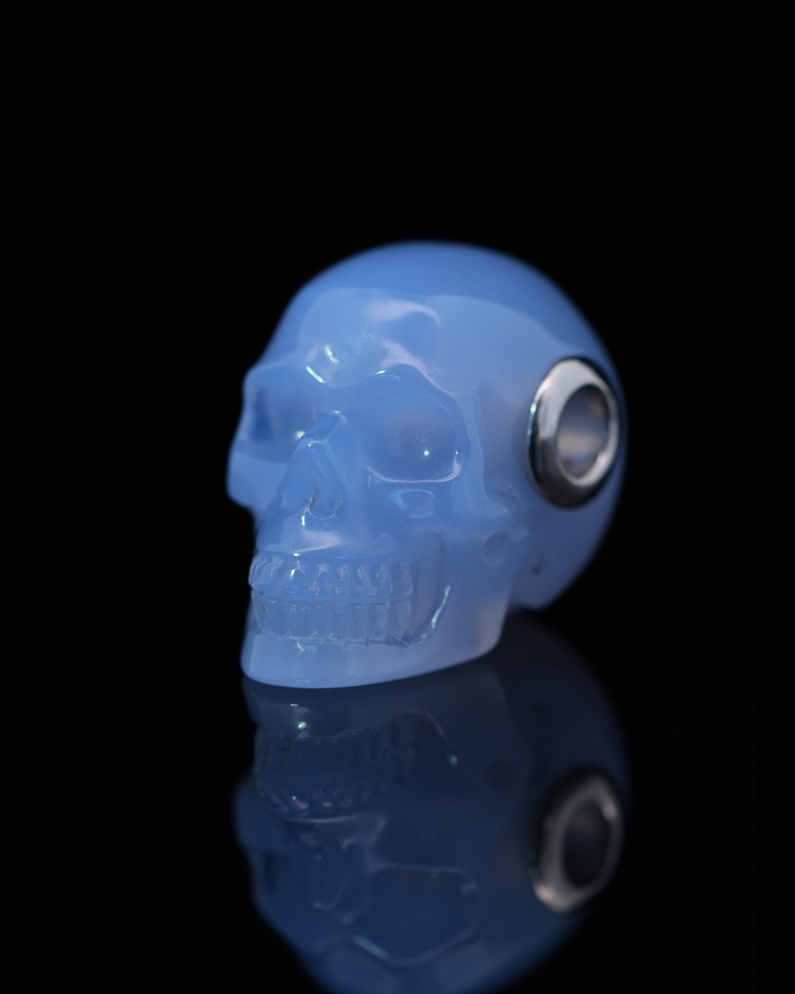 Necklace of 0.9" Blue Chalcedony Hand Carved Crystal Skull Pendant, Skull Jewelry