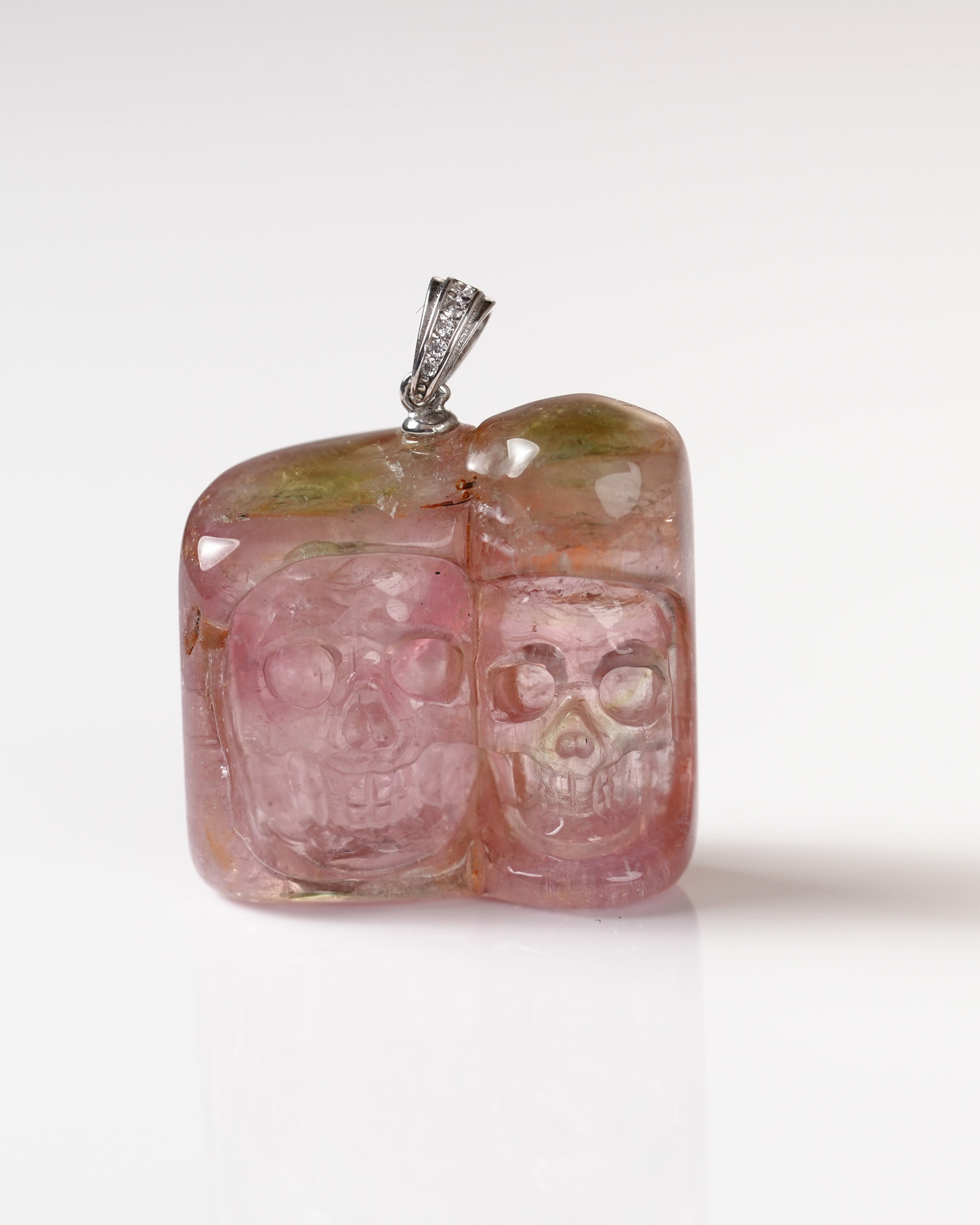 Necklace of 1.0" Tourmaline Hand Carved Crystal Skull Pendant, Skull Jewelry