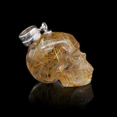 Necklace of 0.7" Rutilated Quartz Rock Crystal Hand Carved Crystal Skull Pendant, Skull Jewelry