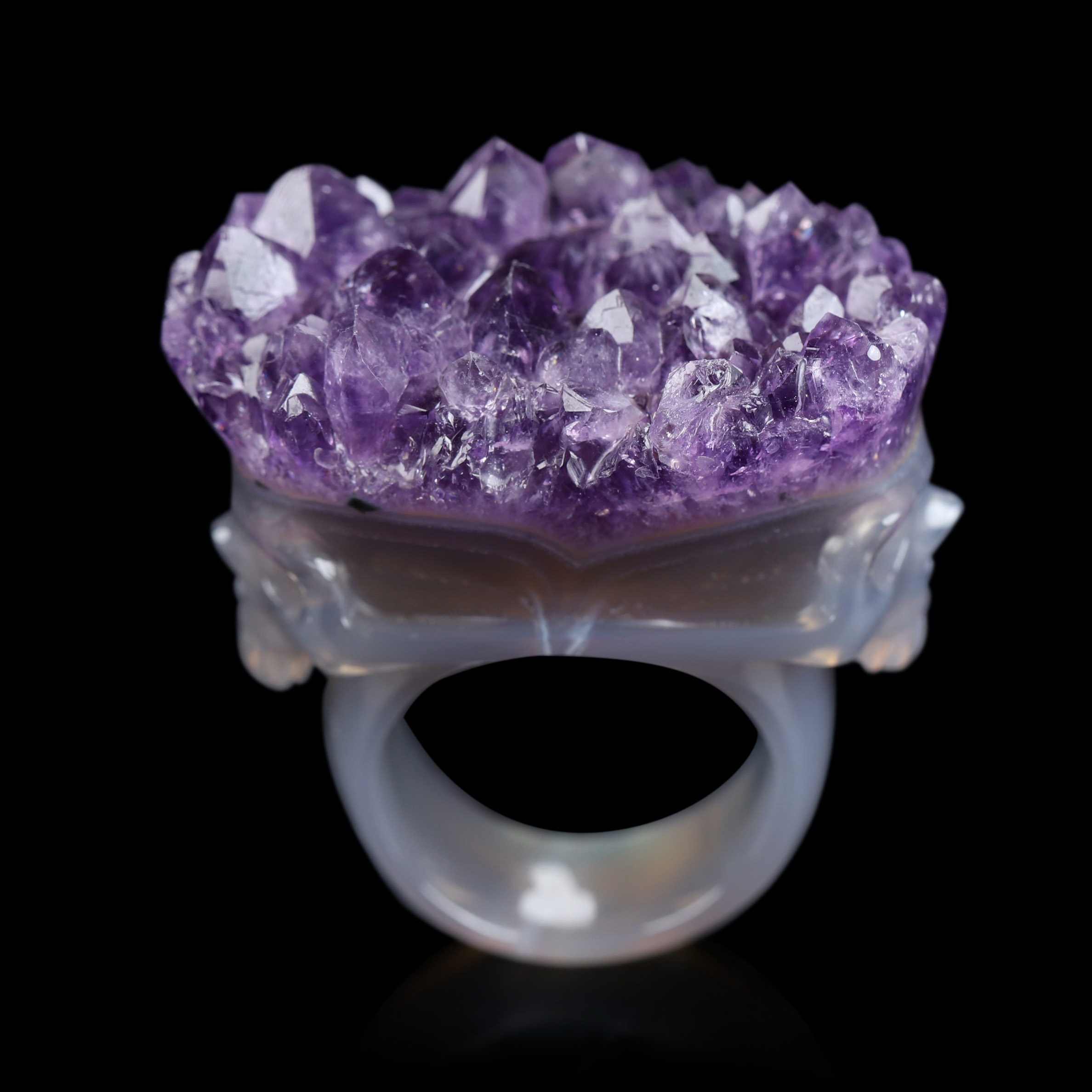 US Size 10# Amethyst & Agate Hand Carved Crystal Skull Ring, Skull Jewelry