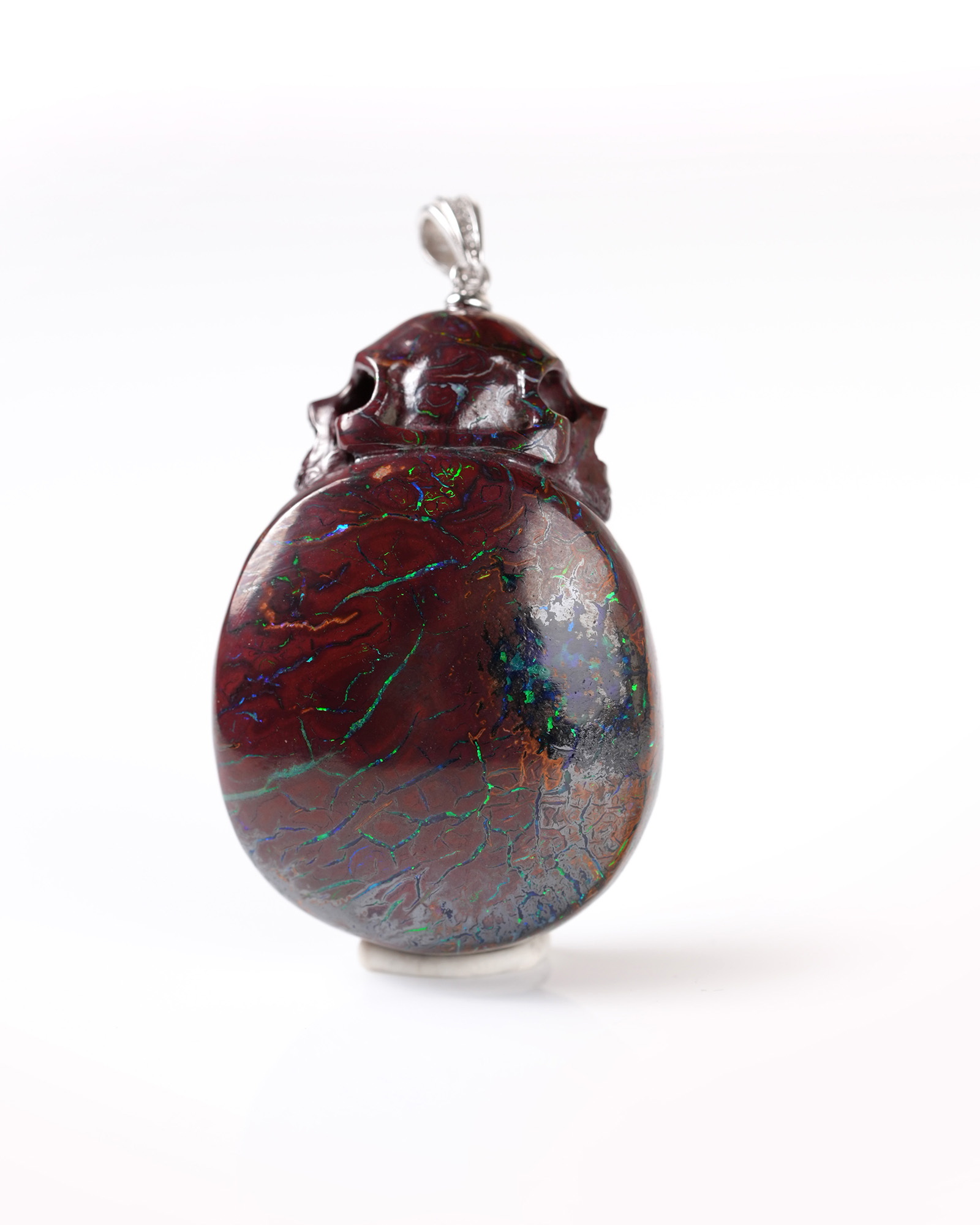 Necklace of 1.9" Ammolite Hand Carved Crystal Skull Pendant, Skull Jewelry