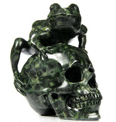 Huge 4.4" Kambaba Jasper Carved Crystal Skull with Frog