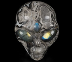 Huge 4.1" Crocodile Jasper Carved Crystal Female Alien Skull, Labradorite Eyes
