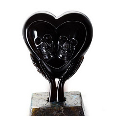 LOVE! Black Obsidian Carved Crystal Skulls in Heart with Bones