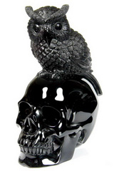 Huge 5.5" Black Obsidian Carved Crystal Skull & Owl Sculpture