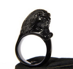 Size 9 1/2, Black Obsidian Carved Crystal Lion Head Ring