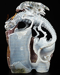 7.9" Agate Amethyst Geode Carved Crystal Western Dragon & Castle, Crystal Healing