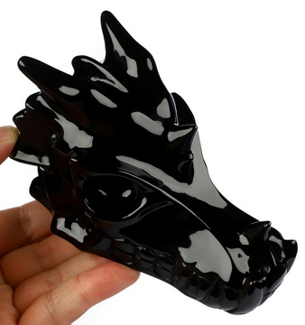 4.8" Black Obsidian Hand Carved Crystal Dragon Skull with  Eyes Sculpture, Crystal Healing