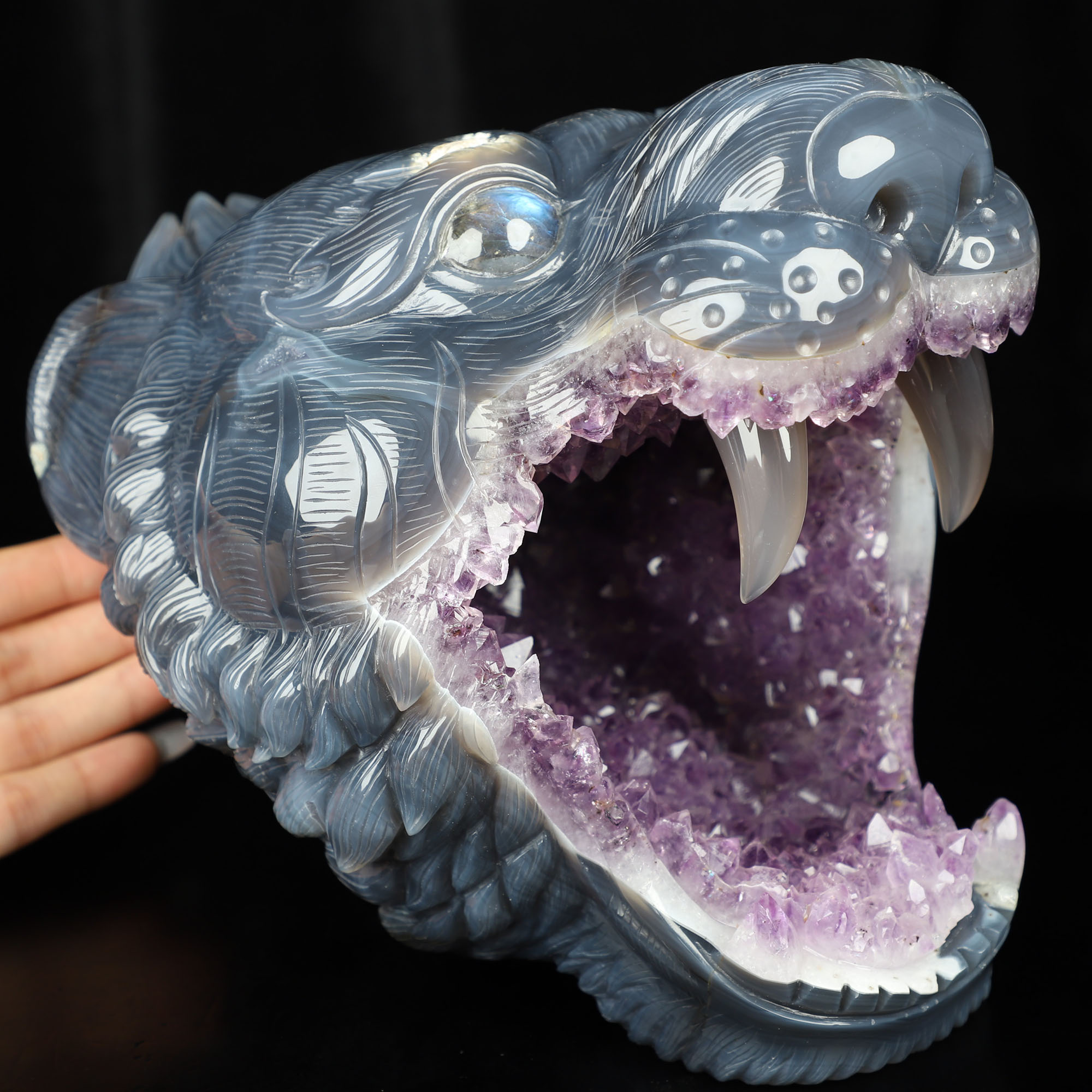 6.8" Agate Amethyst Geode Hand Carved Crystal Tiger Head, Lukasz Custom Order, Second Payment