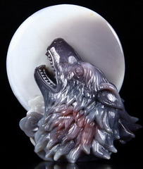 Fine Gemstone Huge 5.2" Mozambique Agate Carved Crystal Wolf Head with Moon Sculpture #2700586
