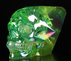 Green 4.7" Rainbow Aura Titanium Quartz Rock Crystal Carved Skull Sculpture, Realistic Point/wand Skull