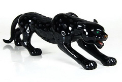 AMAZING 11.3" Black Obsidian Carved Carved Crystal Leopard Sculpture with Emerald, Fire Agate & Rhodochrosite