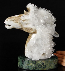 Huge 7.6" Quartz Druse Carved Crystal Horse Head with Kambaba Jasper Stand