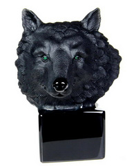 Huge 5.7" Black Obsidian Carved Crystal Wolf Skull & Emerald Eyes Sculpture