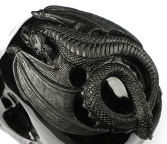 5.3" Black Obsidian Carved Crystal Skull & Western Dragon, Crystal Healing
