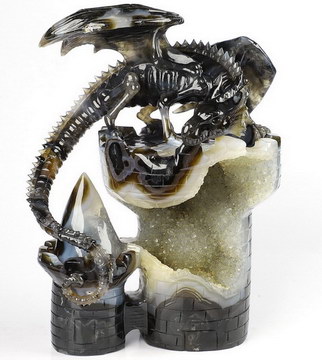 AWESOME 7.7" Agate Geode Carved Crystal Castle Western Dragon & Castle, Crystal Healing