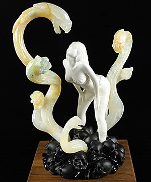 Conversation between Beauty and Demon Ghost 7.2" White Jade & Agate Carved Crystal Art Sculpture, Crystal Healing