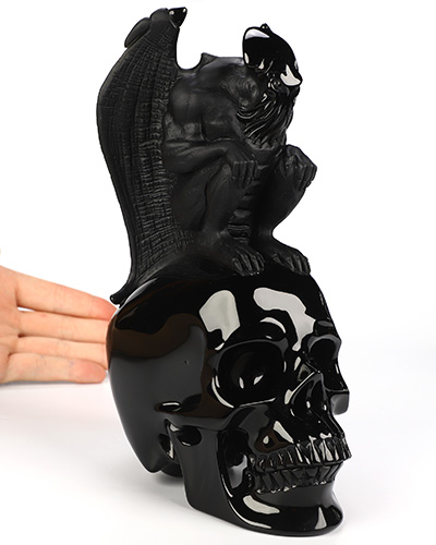 7.9" Black Obsidian Hand Carved Crystal Skull Fine Art Sculpture, Crystal Healing