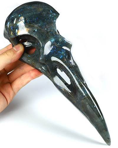 9.1" Labradorite Hand Carved Raven Crystal Skull Sculpture, Crystal Healing